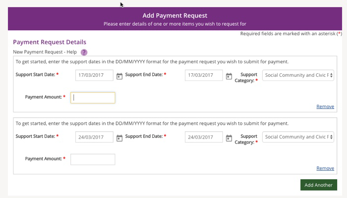 Payment request screen on portal