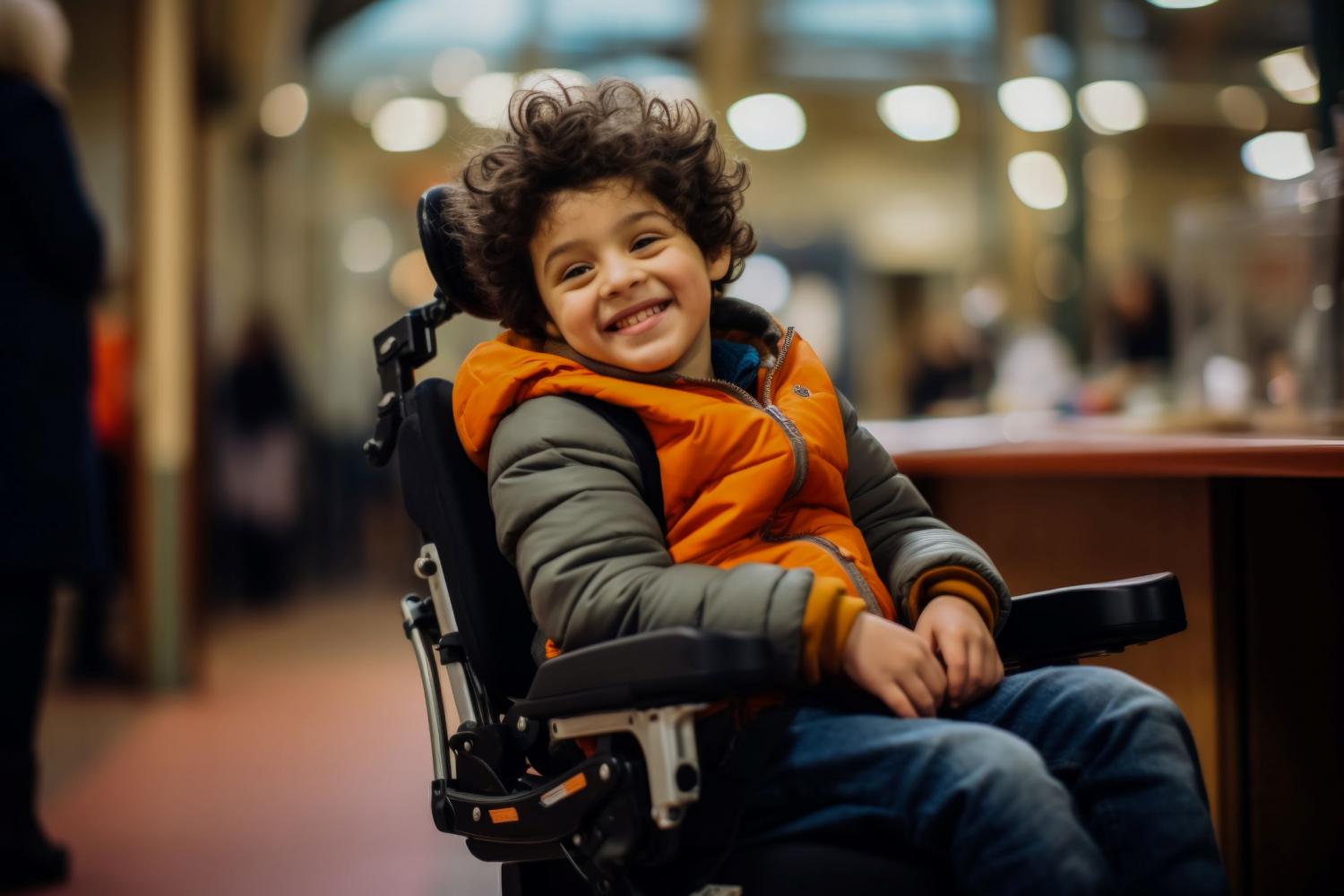 Child with cerebral palsy seated in a wheelchair