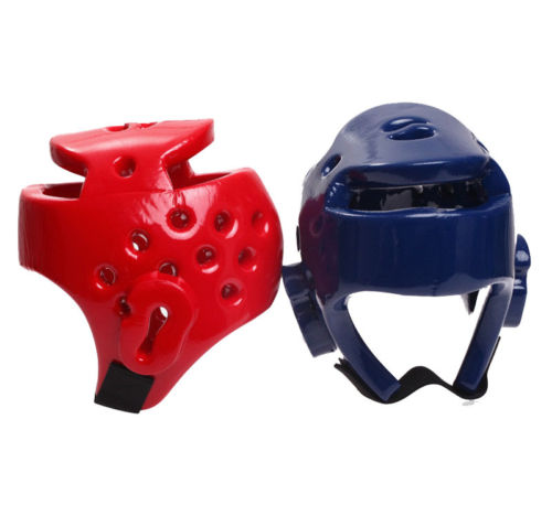 Protective headgear in red and blue