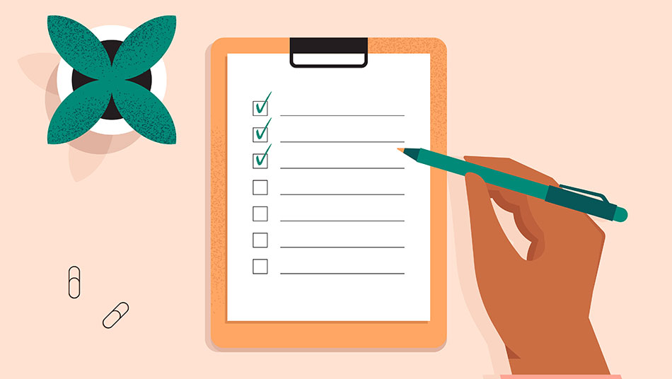Checklist with a person holding a pen ticking off items