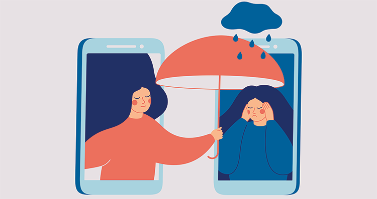 A comic image showing a person lean out of a mobile phone and put an umbrella over the head of a person in a phone alongside it. Its raining on that person's head and the umberlla is shielding her.