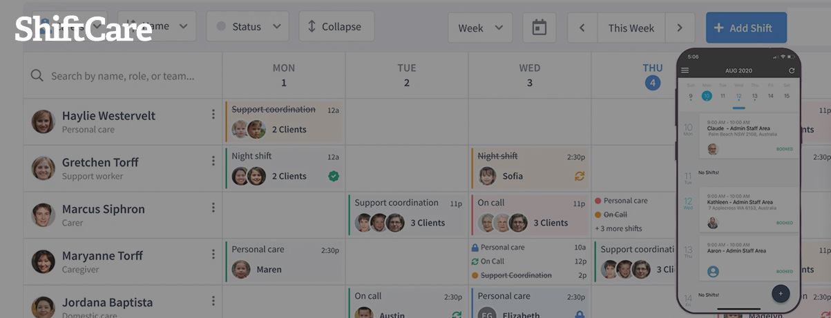 A screenshot of the ShiftCare scheduling screen