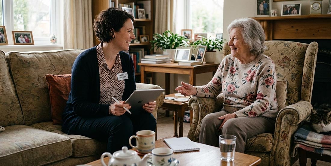 A My Aged Care assessor sitting at the table with an older Australian