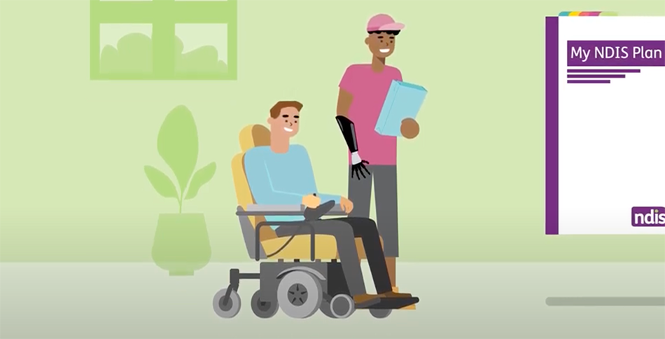 illustration of a support worker with a person in a wheelchair