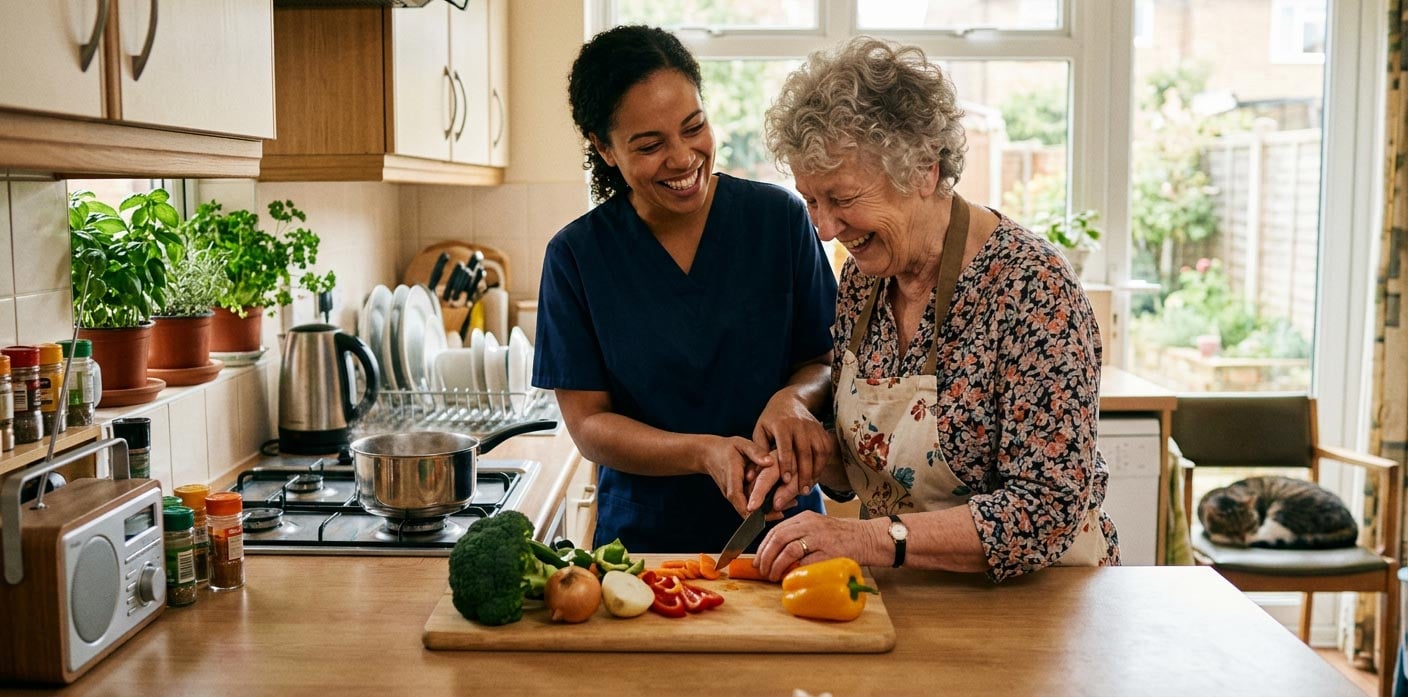 A support worker is helping an older woman prepare dinner