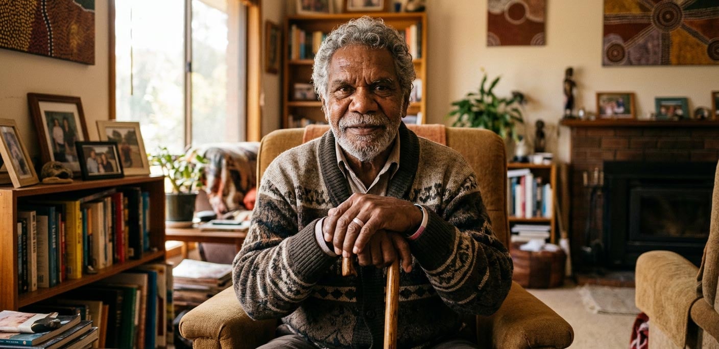 An older aboriginal man sitting staring at the camera