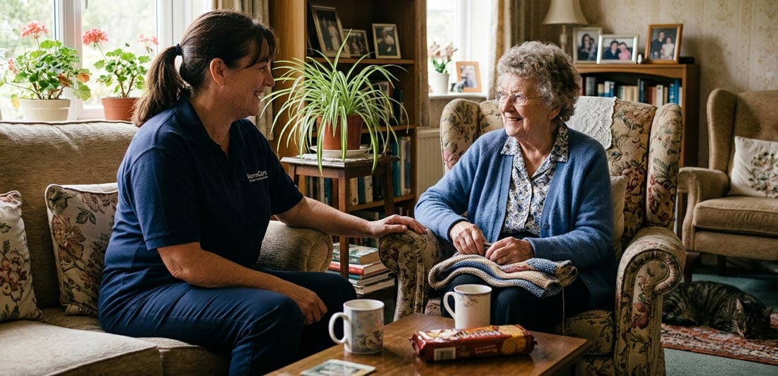 An older retireee sitting at the table with an aged care support worker