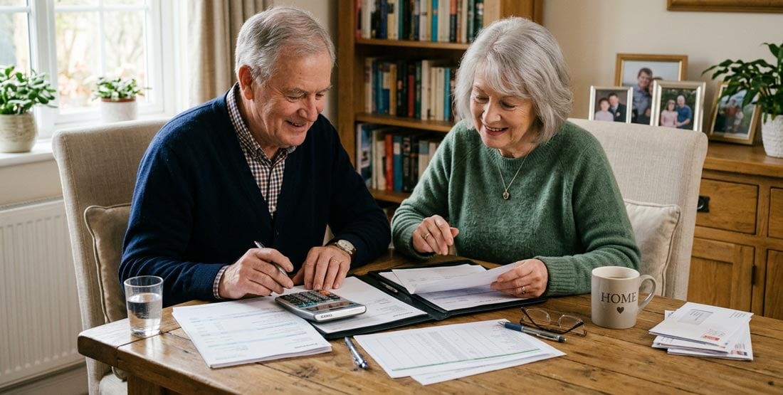 An older couple sits at the table with My Aged Care documents