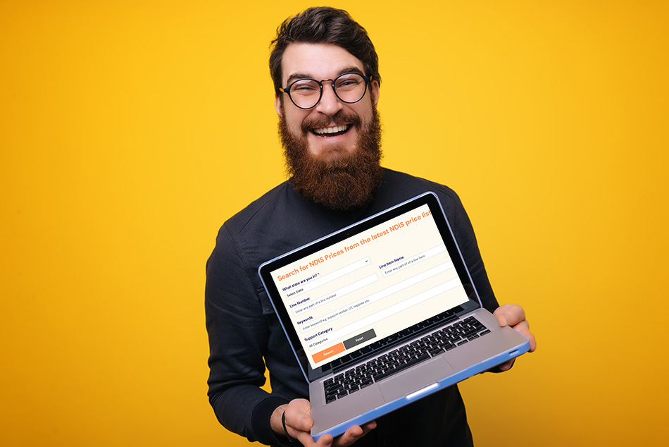 A man holding a laptop that has the price list search tool open on the screen