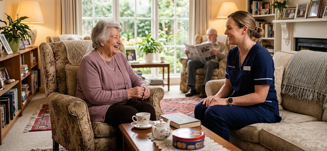 An older woman sitting with a support worker having tea