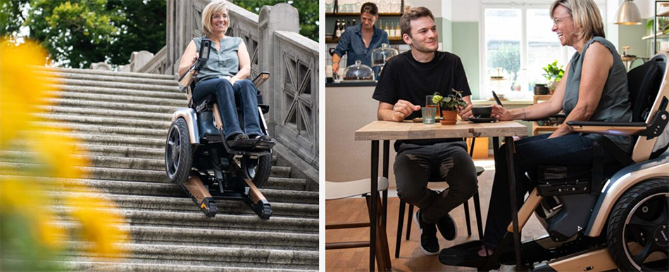 A woman sitting in a wheelchair that is going up the stairs