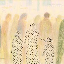 Painting of a crowd of people in silhouette, with three who are holding hands and set off by a distinct pattern and smaller size.