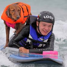 Ricochet the surfing dog balanced on a surfboard with young quadreplegic Patrick