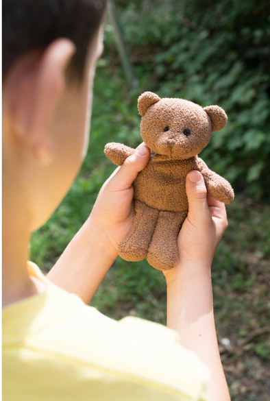 child holding brown teddy bear