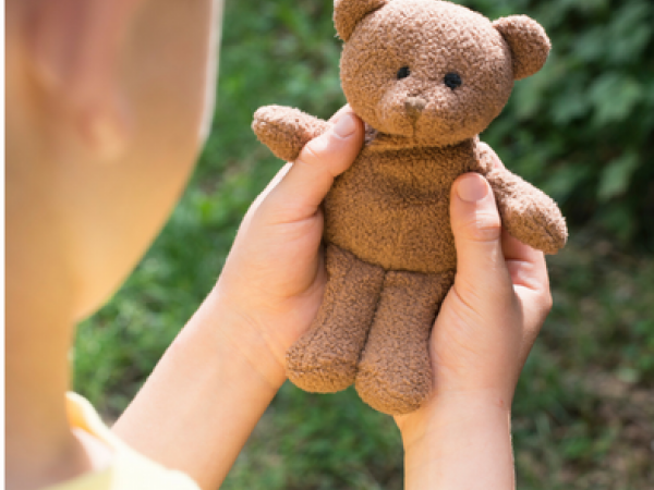 child holding brown teddy bear