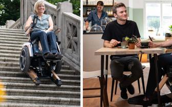 A woman sitting in a wheelchair that is going up the stairs